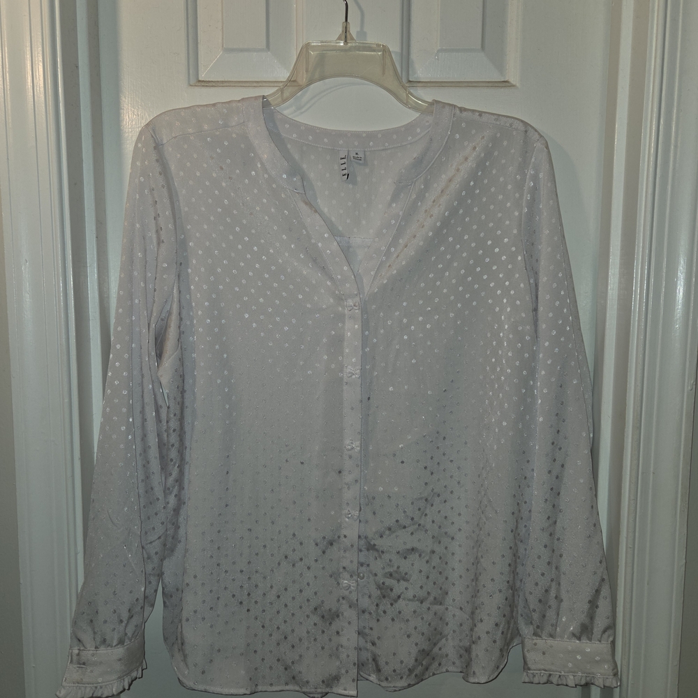 Elle: Ivory Button Up Shimmery Polka Dot Blouse.  Size XL.